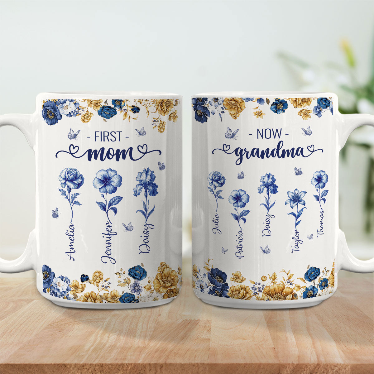 Custom Christmas & Birthday Gift For Grandma • Mom Then Grandma Now Blue Toile - Personalized Coffee Mug