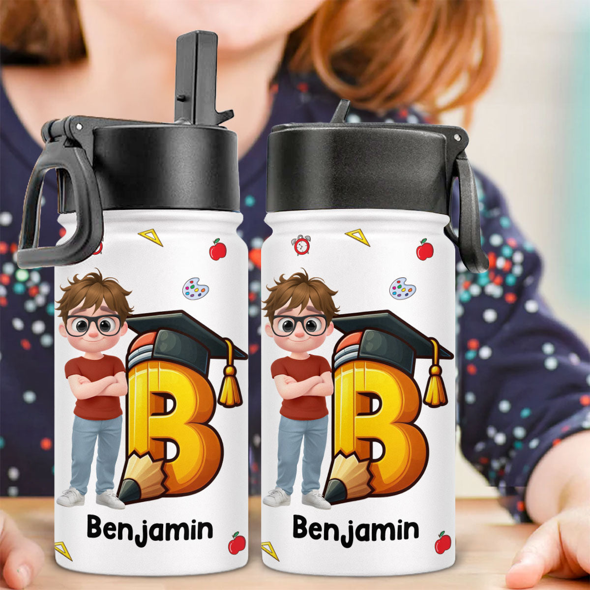 Alphabet Cartoonize Boy - Personalized 3D Inflated Effect Kids Water Bottle