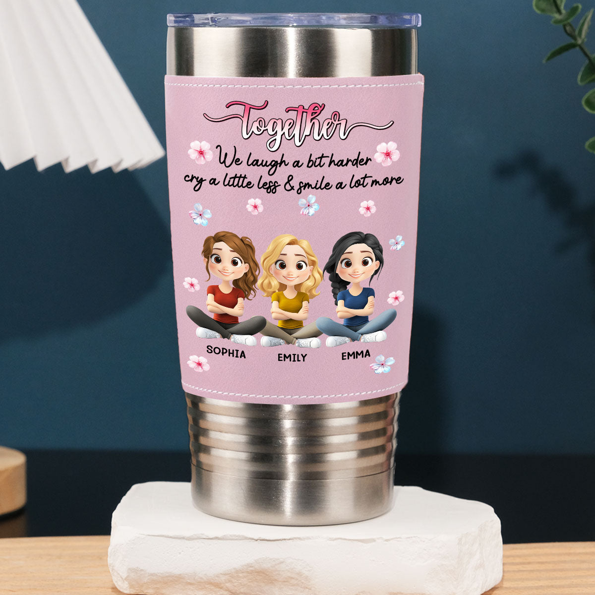 Custom Christmas Birthday Gifts For Best Friend • Together We Laugh - Personalized Pink Leather Tumbler