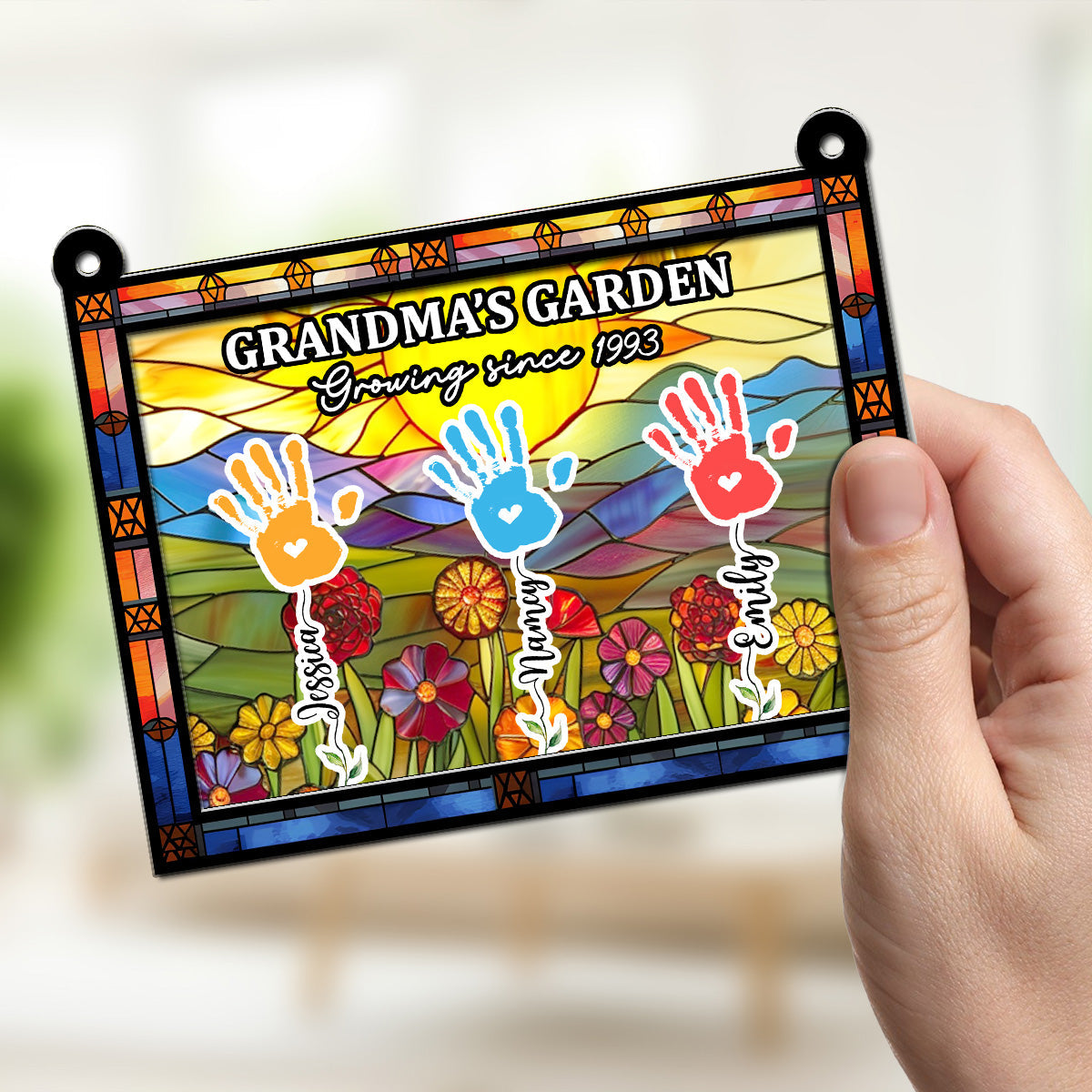 Custom Grandma Hanging Decor, Mother's Day Birthday Gifts • Grandmother Flower Handprint Garden - Personalized Suncatcher