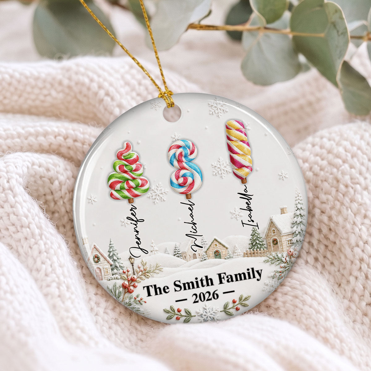 Custom Family Ornament, Christmas Gift for Family Members •  Candy Christmas Tree 2026 - Personalized 3D Inflated Effect Ceramic Ornament