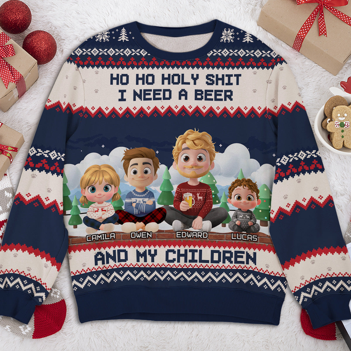 Custom Dad Christmas Sweatshirt, Birthday Gift • I Need A Beer And My Children - Personalized All-Over-Print Sweatshirt