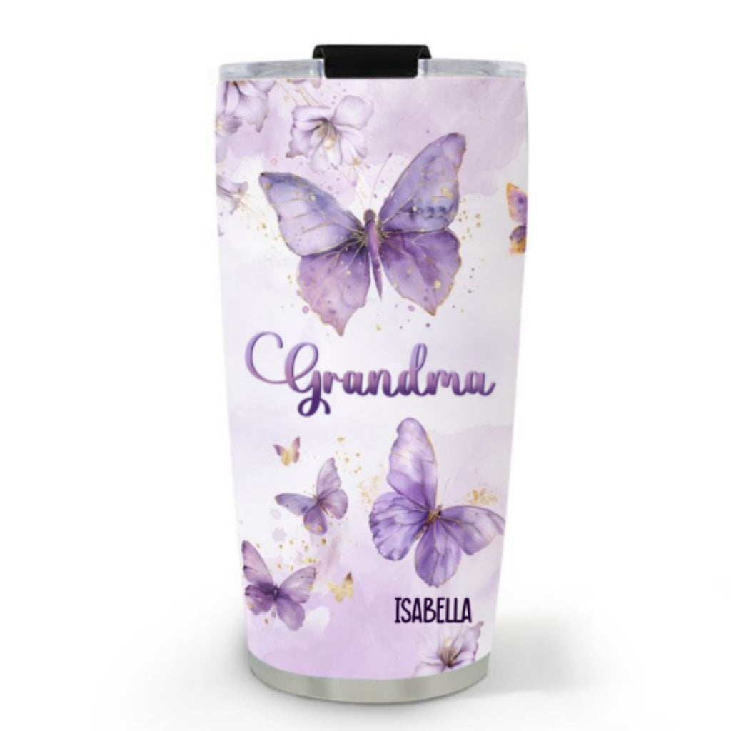 Custom Christmas Birthday Gifts For Grandma • Grandma Purple Butterfly With Flower - Personalized Tumbler