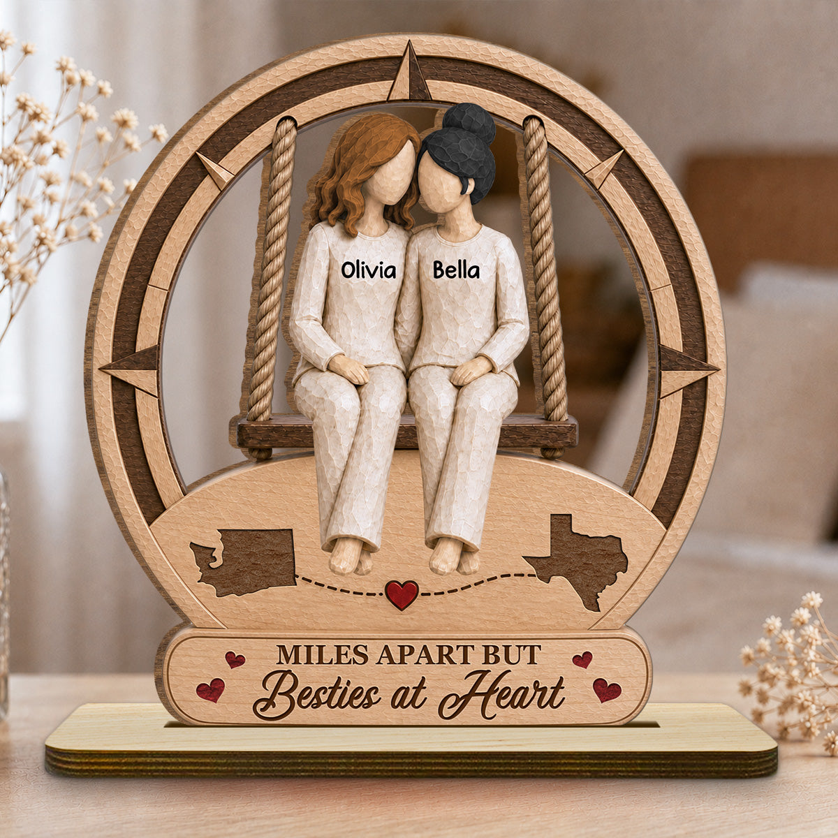 Custom Friendship Decor, Christmas Birthday Gifts For Best Friend • Besties At Heart - Personalized 2-Layer Wood Plaque With Flat Base