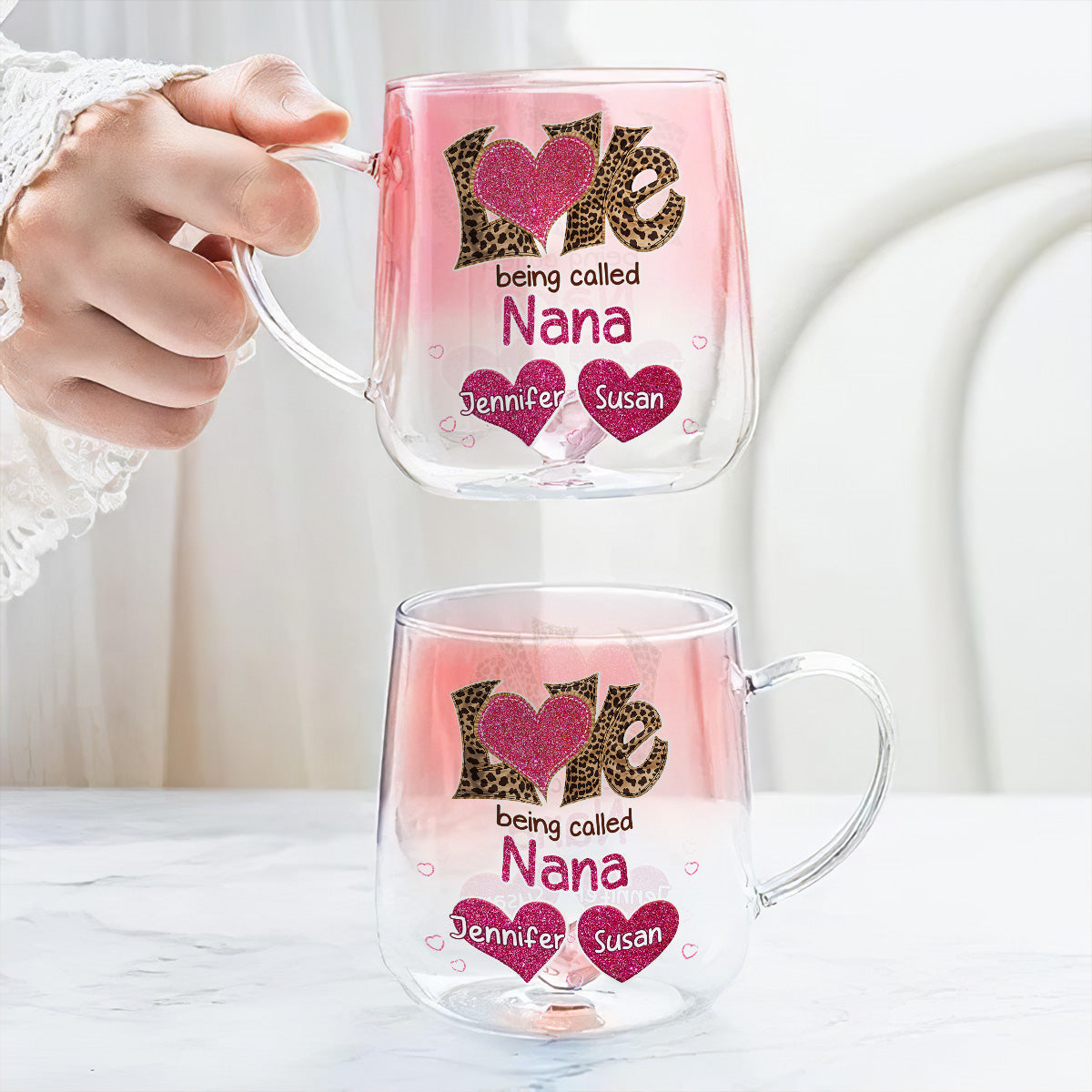 Custom Mother's Day Gift for Mom & Grandma • Love Being Called Grandma - Personalized Pink Gradient Glass Mug