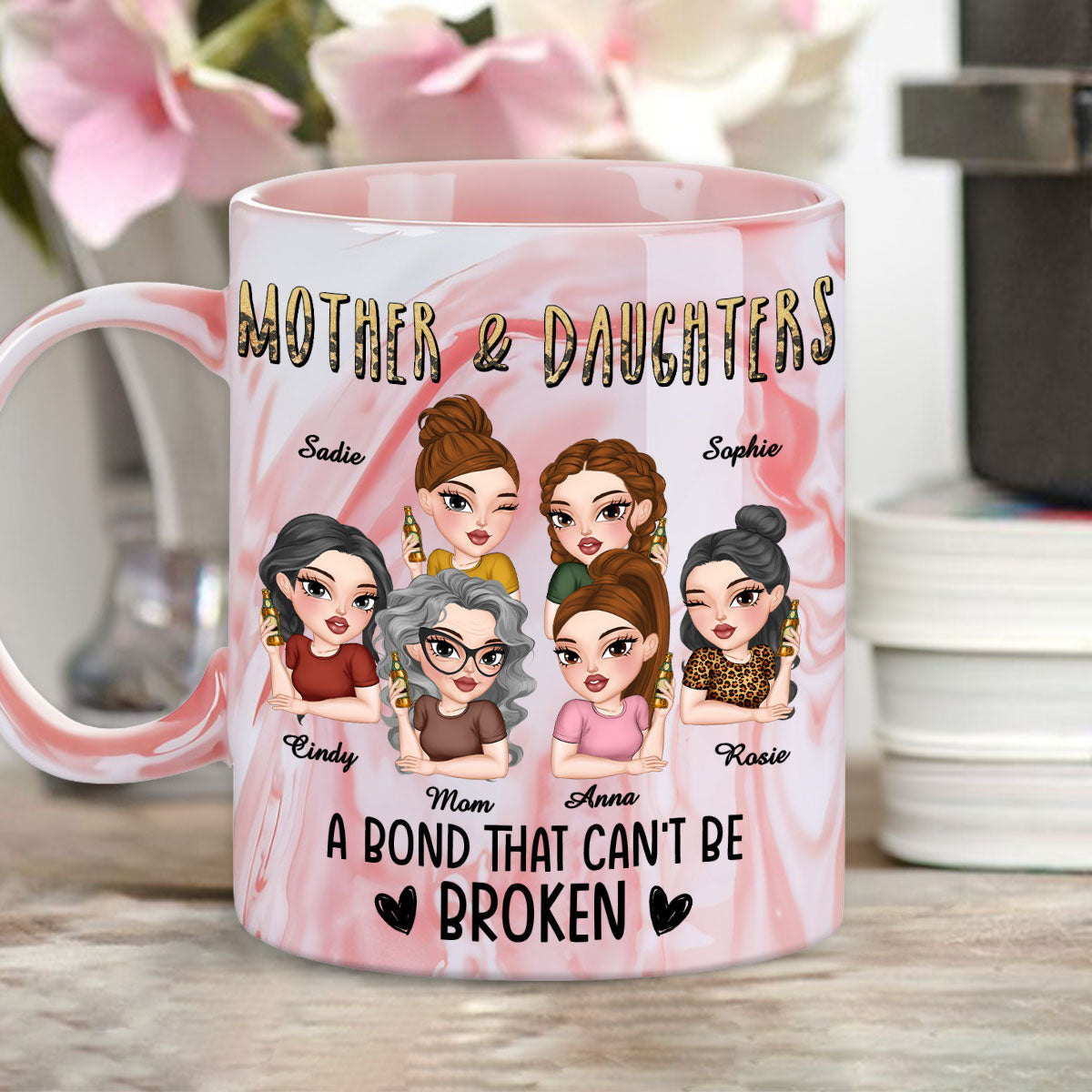 Custom Mother's Day Gift for Mom & Grandma • A Bond That Can't Be Broken - Personalized Pink Marble Mug