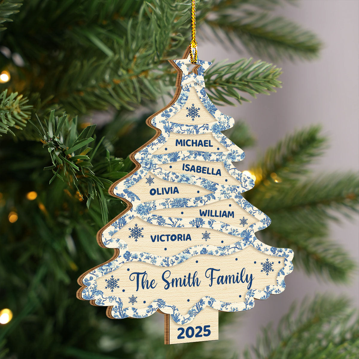 Custom Keepsake Christmas Ornament •  Family Names Christmas Tree Toile De Jouy - Personalized Wood Ornament