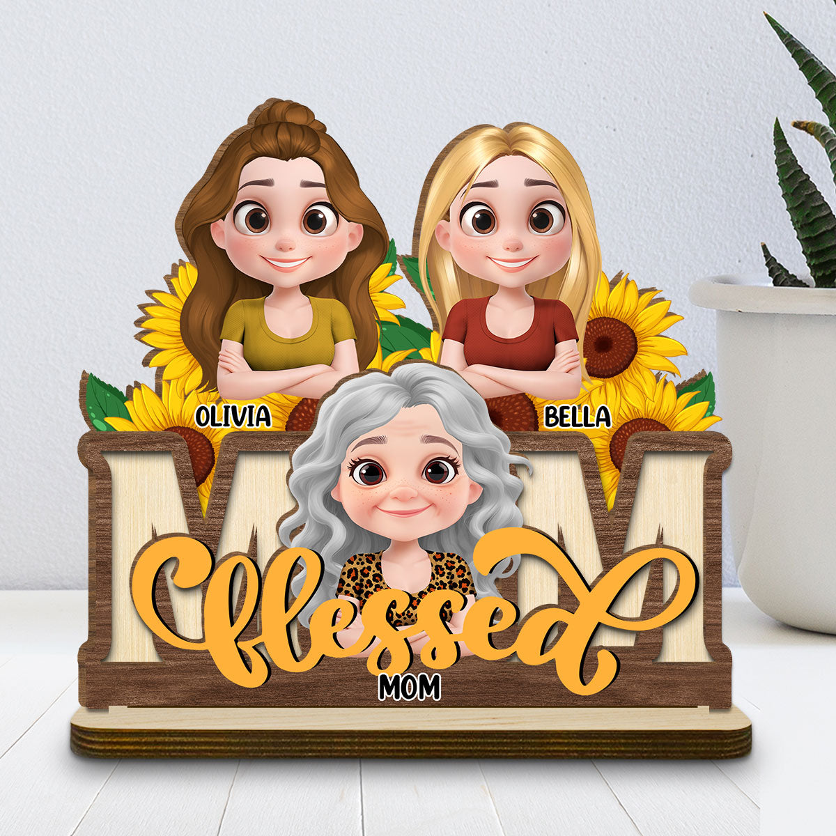 Custom Mother's Day Decor, Gift for Mom & Grandma • Blessed Mom - Personalized 2-Layer Wood Plaque With Flat Base