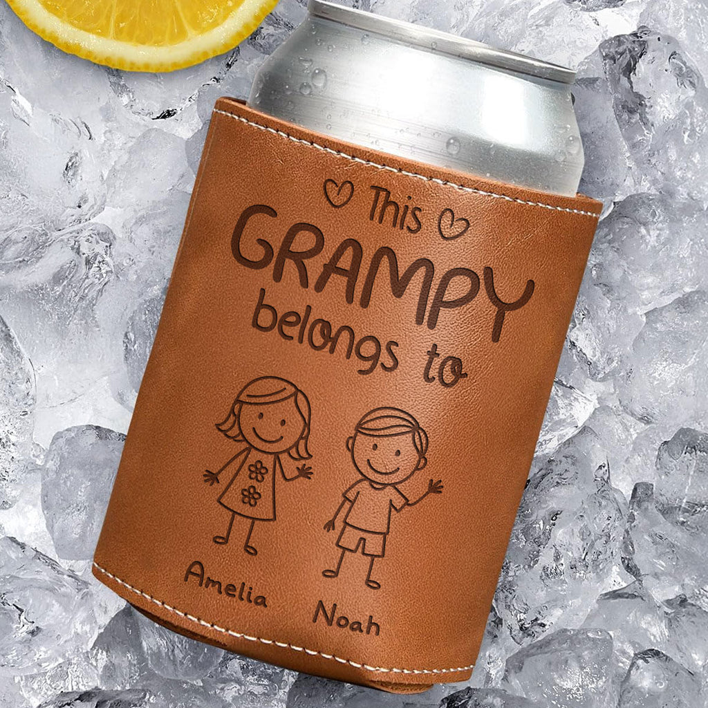 This Grandpa Belongs To Us - Personalized Engraved Leather Can Cooler Holder