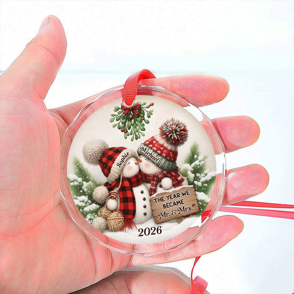 Custom First Christmas Ornament Married, Gift for Newlyweds Partners •  Merry And Bright Together - Personalized Glass Ornament