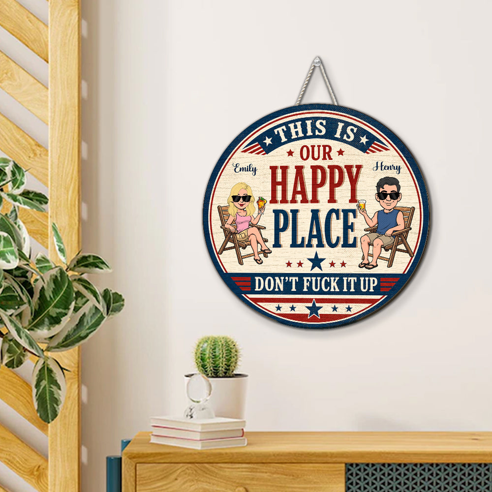 Custom Family Patriotic Hanging Decor, 4th of July • Cheers To Our Happy Place - Personalized Wood Sign