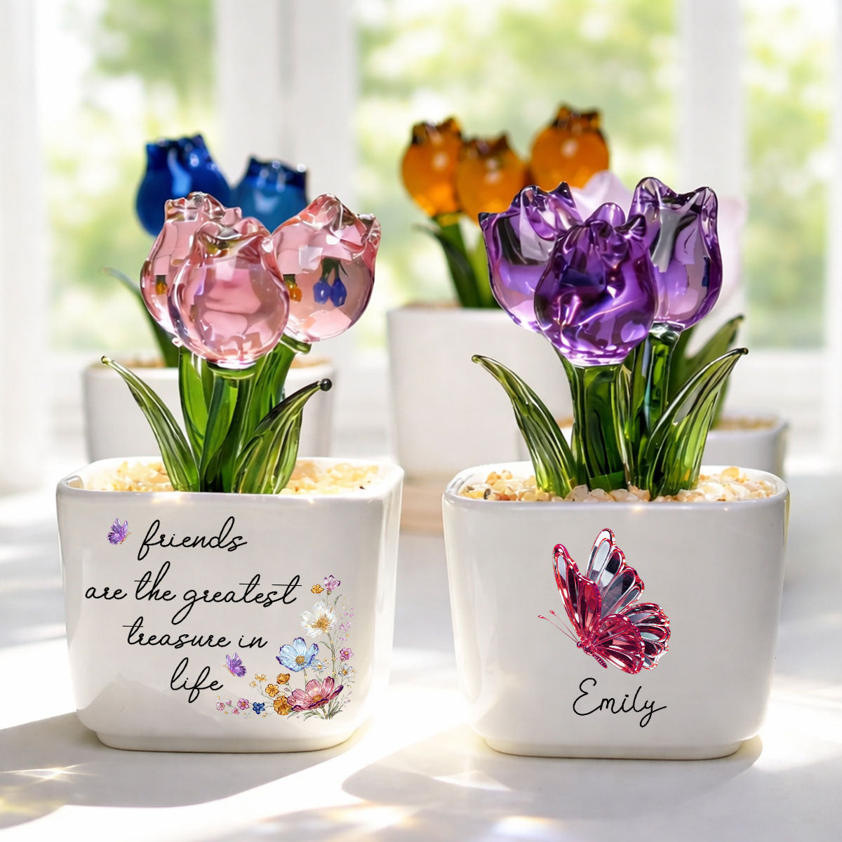Custom Flower Keepsake, Glass Home Decor Gift for Best Friend • Treasured Friend - Personalized Glass Everlasting Tulips