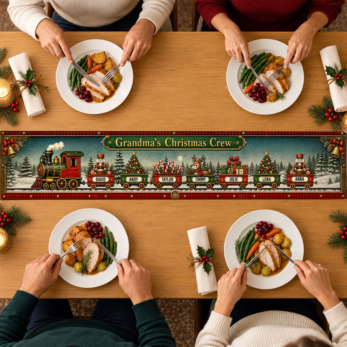 Custom Family Name Christmas Gifts, Holiday Decor Gift • Christmas Train Family - Personalized Table Runner