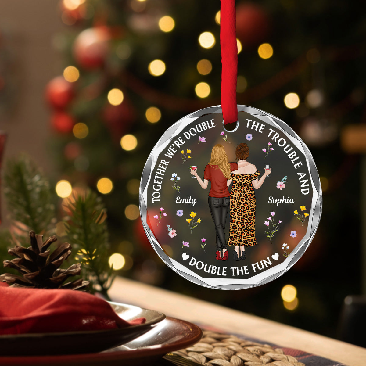 Custom Sister Christmas Ornament •  Two Souls One Crazy Journey - Personalized Glass Ornament