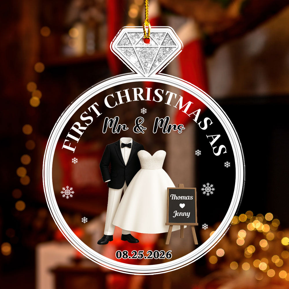 Custom First Christmas Ornament Married, Gift for Newlyweds •  First Christmas Married - Personalized Acrylic Ornament