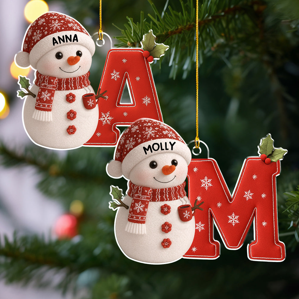 Custom Initial Christmas Ornament Stocking Tag with Name • Little Snowman Joy With Letter - Personalized Acrylic Ornament