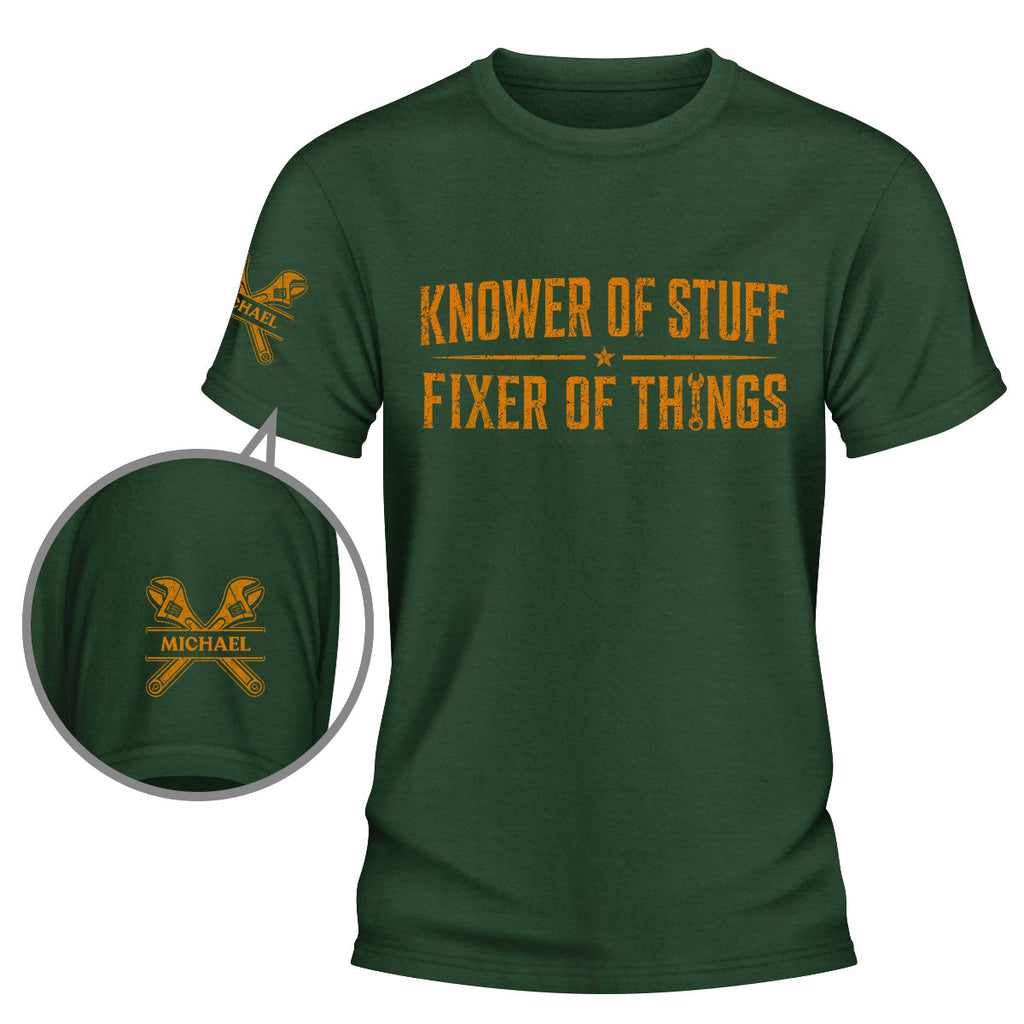 Custom Christmas Anniversary Keepsake Gifts For Husband • Knower And Fixer - Personalized Shirt With Design On Sleeve