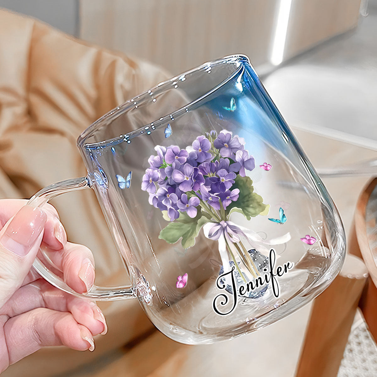 Custom Christmas & Birthday Keepsake Gift • Birthmonth Flower With Name - Personalized Blue Gradient Glass Mug