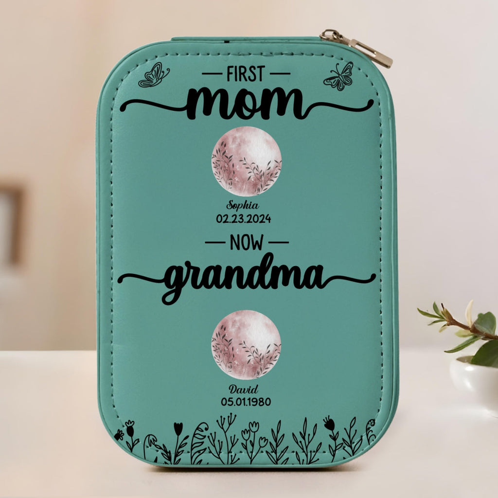 First Mom Now Grandma Floral Birth Moon - Personalized Jewelry Box With LED Mirror