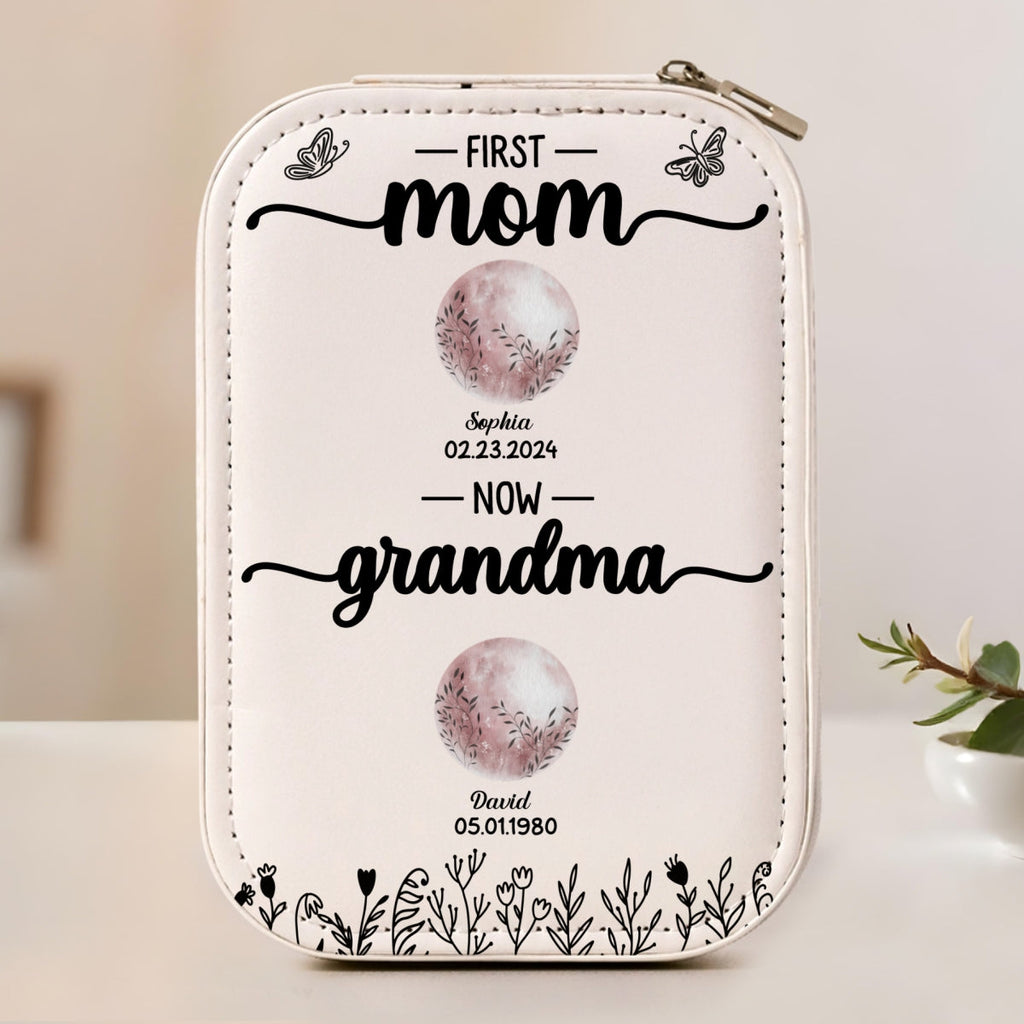 First Mom Now Grandma Floral Birth Moon - Personalized Jewelry Box With LED Mirror