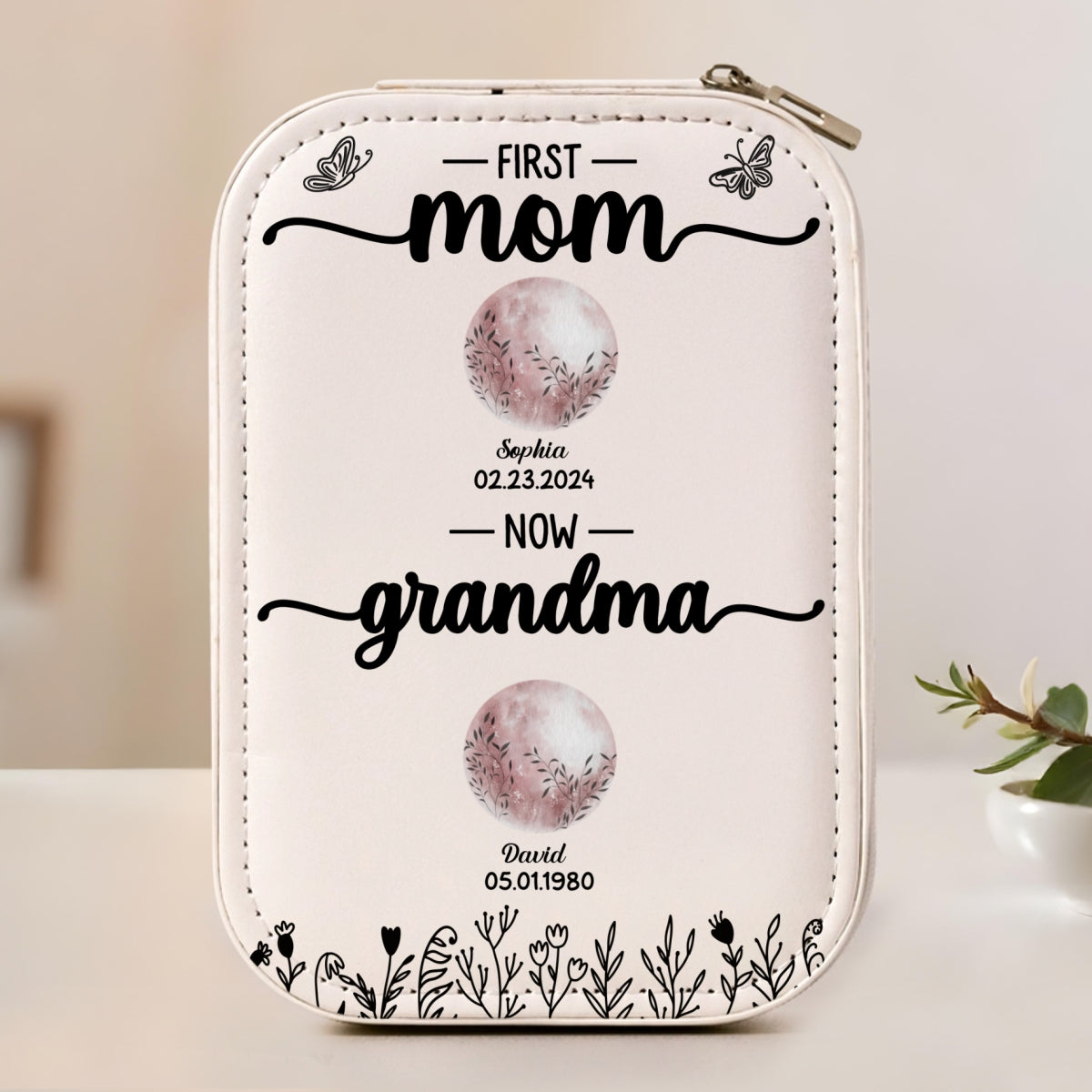 First Mom Now Grandma Floral Birth Moon - Personalized Jewelry Box With LED Mirror