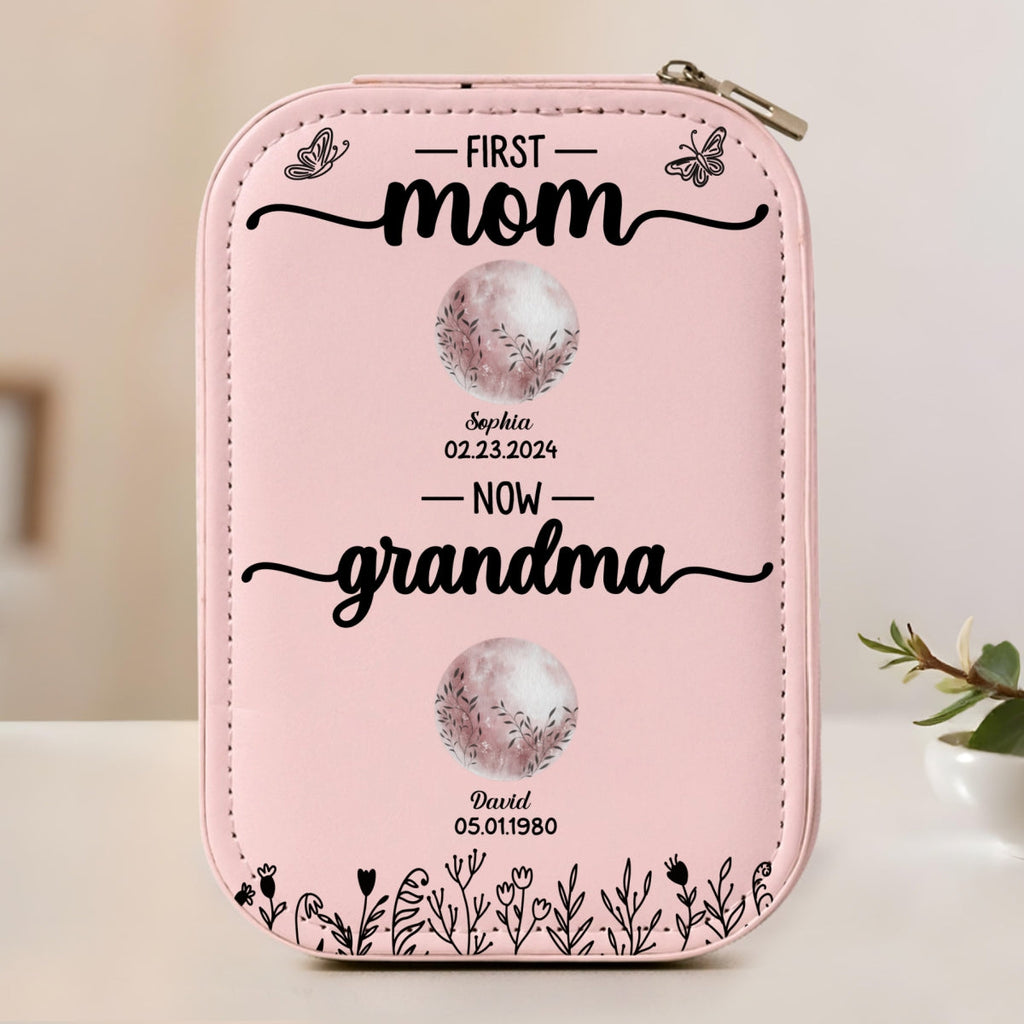 First Mom Now Grandma Floral Birth Moon - Personalized Jewelry Box With LED Mirror