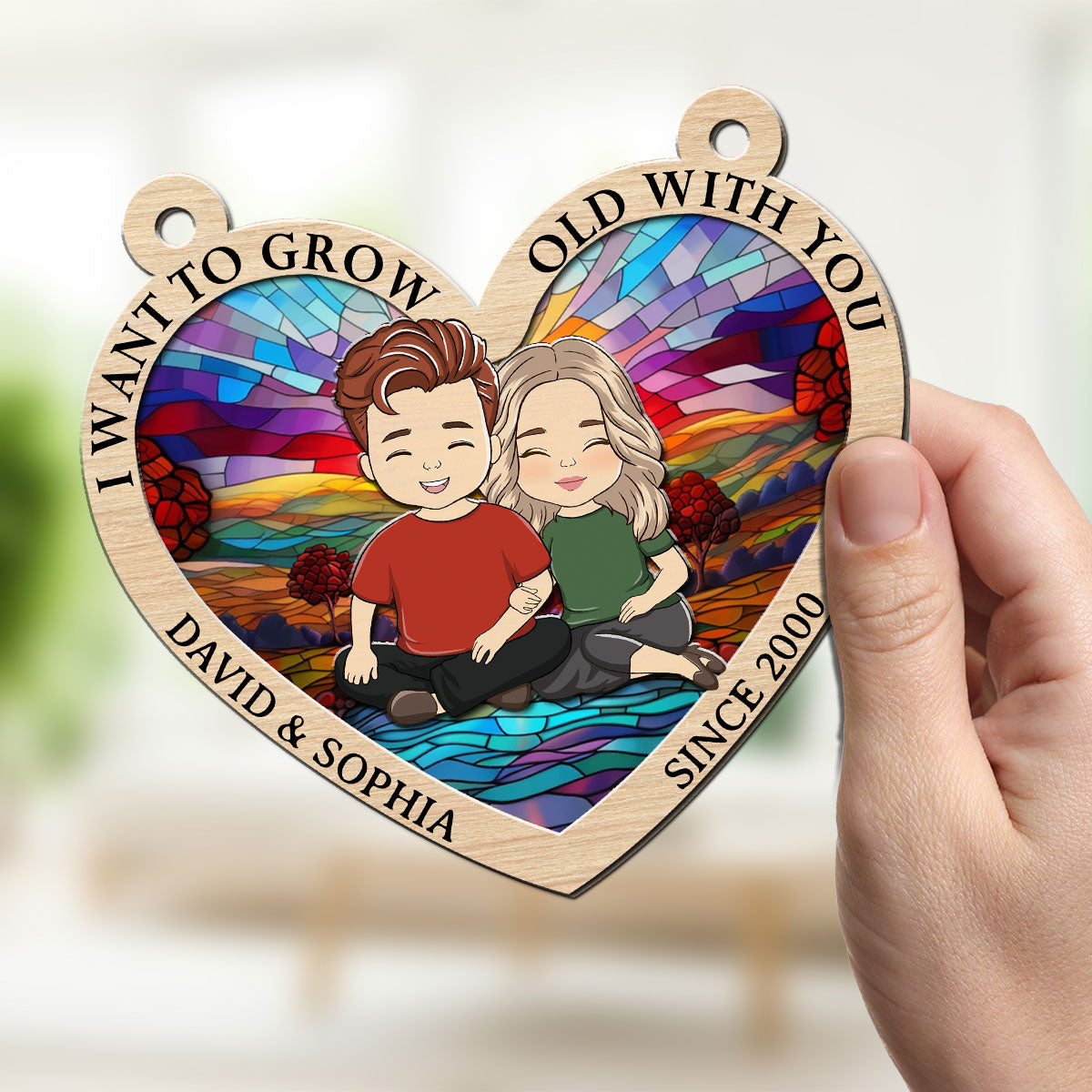 Custom Couple Hanging Decor, Anniversary Valentine's Day Gifts • Grow Old With You - Personalized Suncatcher