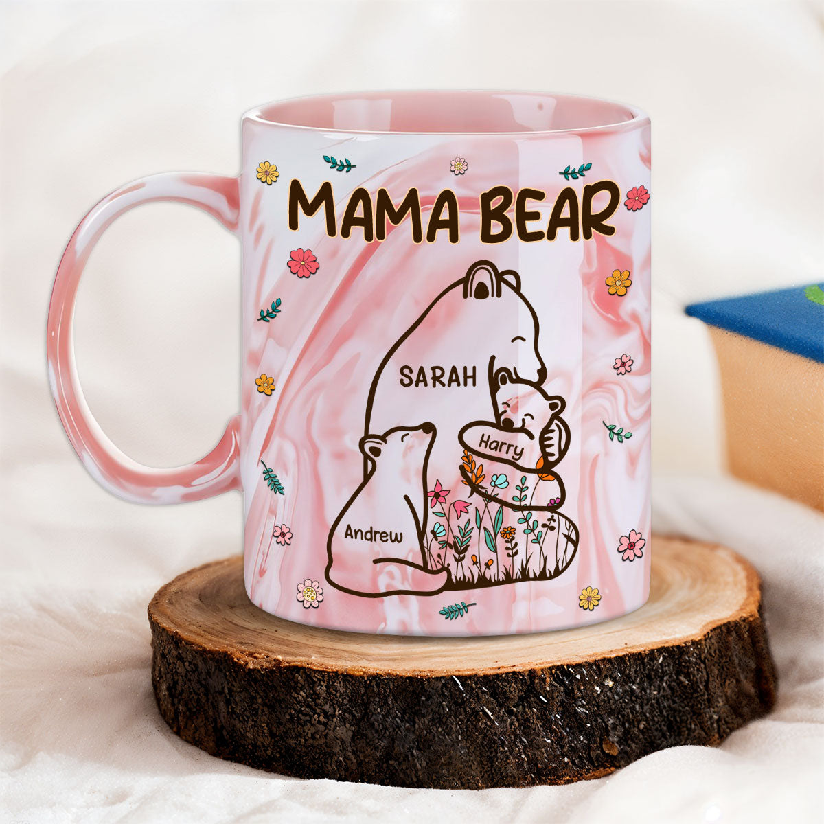 Custom Mother's Day Gift for Mom & Grandma • Mama Bear - Personalized Pink Marble Mug