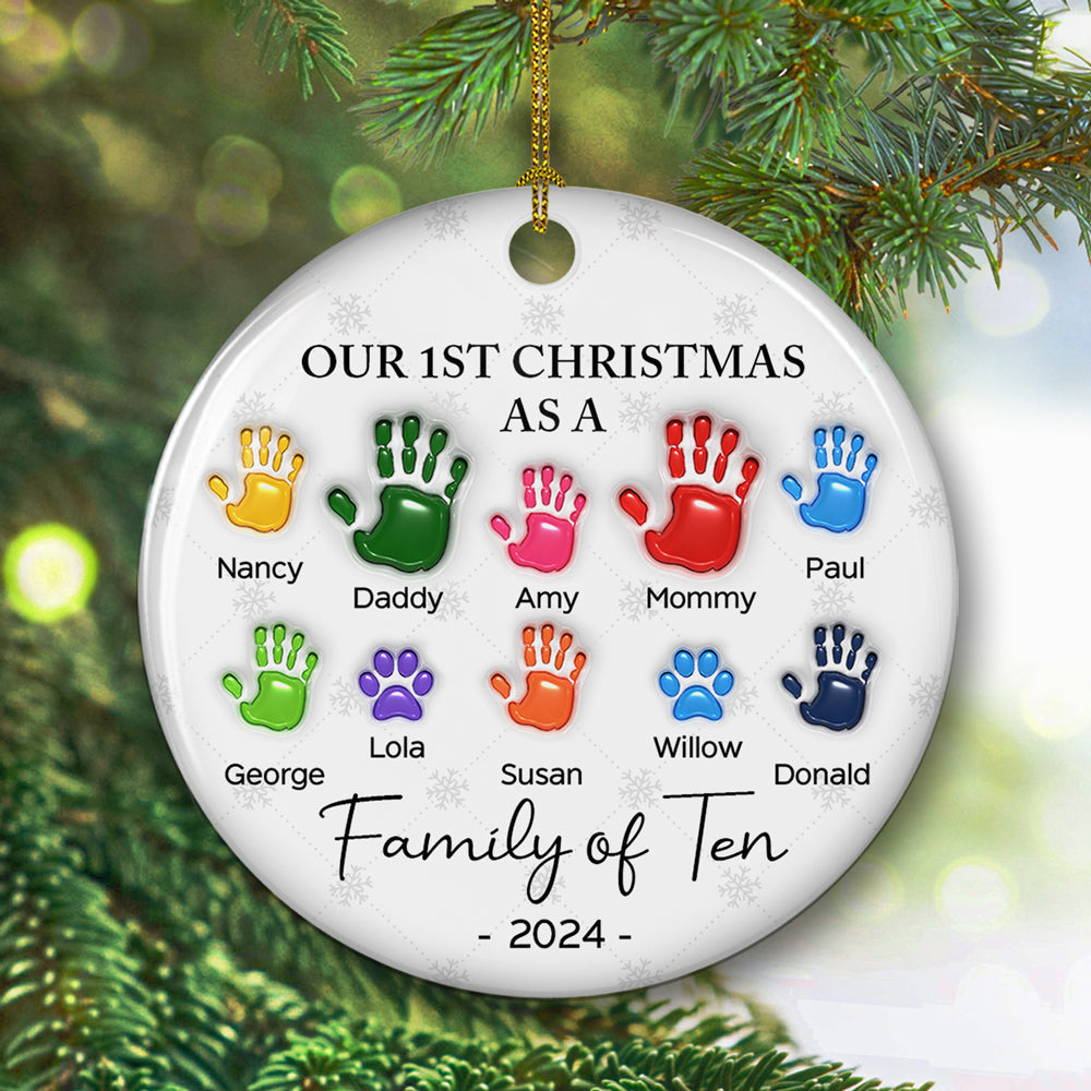 Custom Family First Christmas Ornament •  First Christmas As A Family Handprints - Personalized 3D Inflated Effect Ceramic Ornament