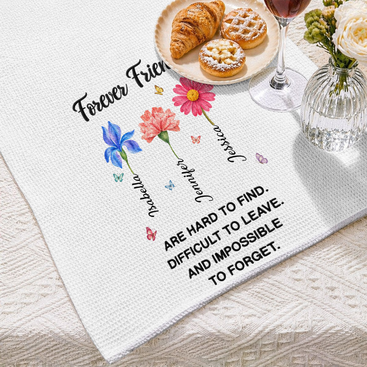 Custom Sister Kitchen Towel With Names, Birthday Christmas Gift For Sister Sibling • Forever Friends Floral Blooms - Personalized Kitchen Towel