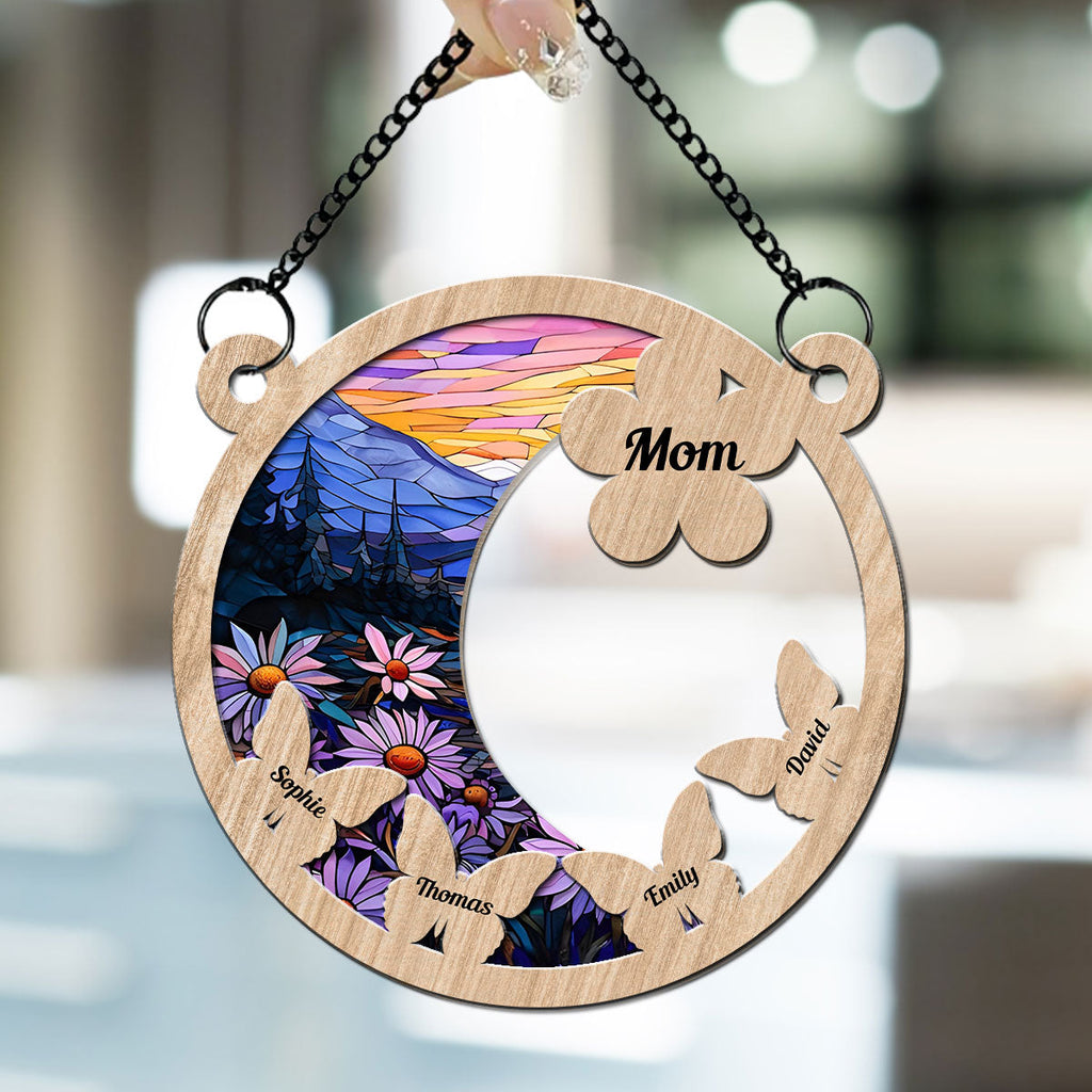 Custom Name Hanging Decor for Mom Daughter, Mother's Day Gifts • Whispers Of Butterflies And Flowers - Personalized Suncatcher