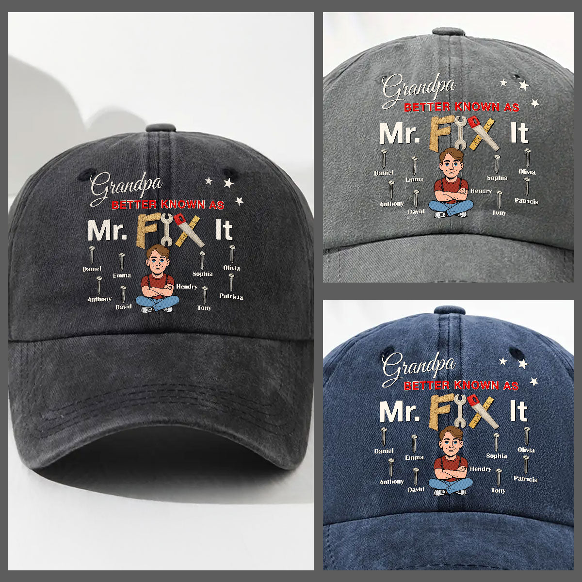 Custom Christmas Headwear Birthday Gifts for Grandpa • Mr Fix It - Personalized Vintage Washed Denim Cap