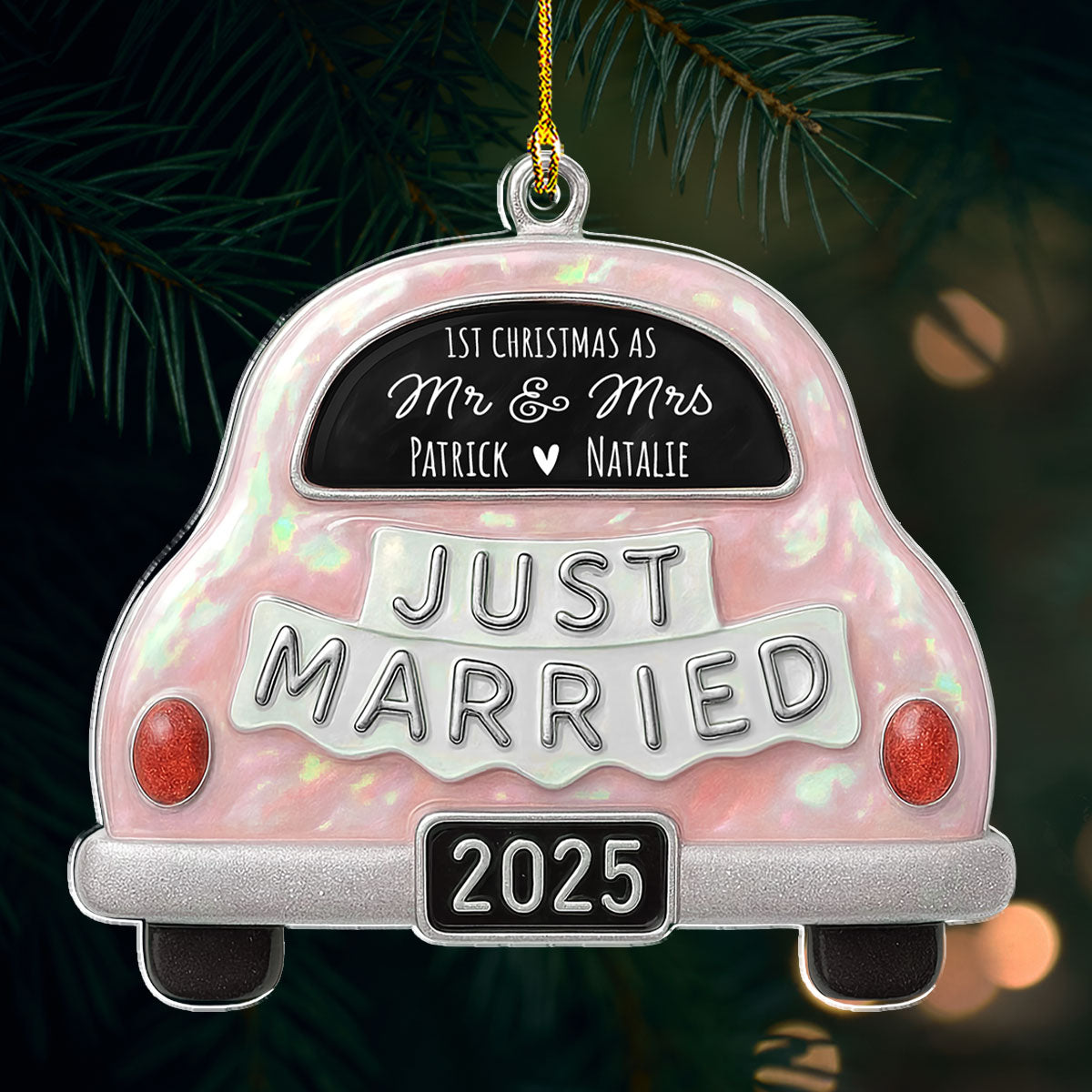 Custom First Christmas Ornament Married, Gift for Newlyweds •  Save The Date - Personalized 3D Effect Acrylic Ornament