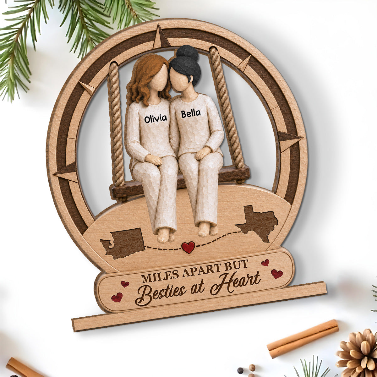 Custom Friendship Decor, Christmas Birthday Gifts For Best Friend • Besties At Heart - Personalized 2-Layer Wood Plaque With Flat Base