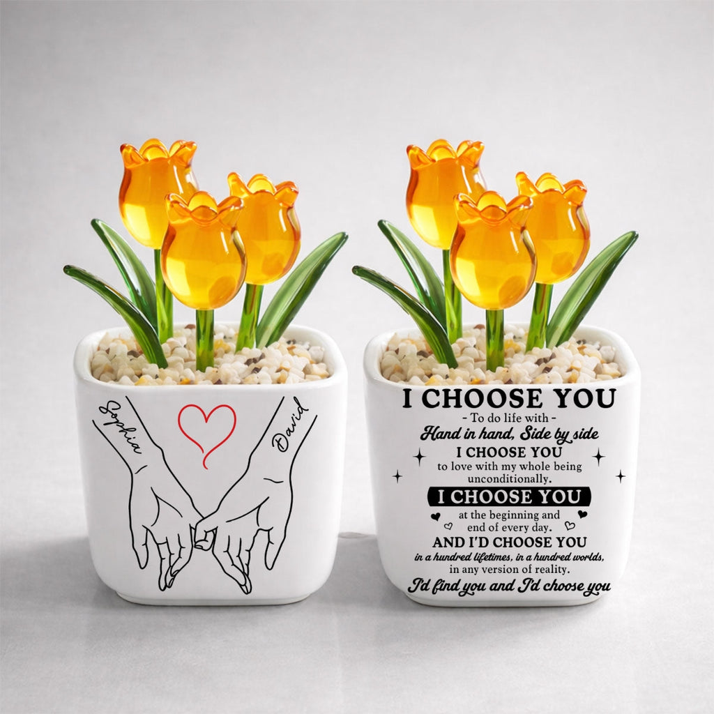 Custom Glass Flower Keepsake, Romantic Anniversary Gift for Wife • I Choose You - Personalized Glass Everlasting Tulips
