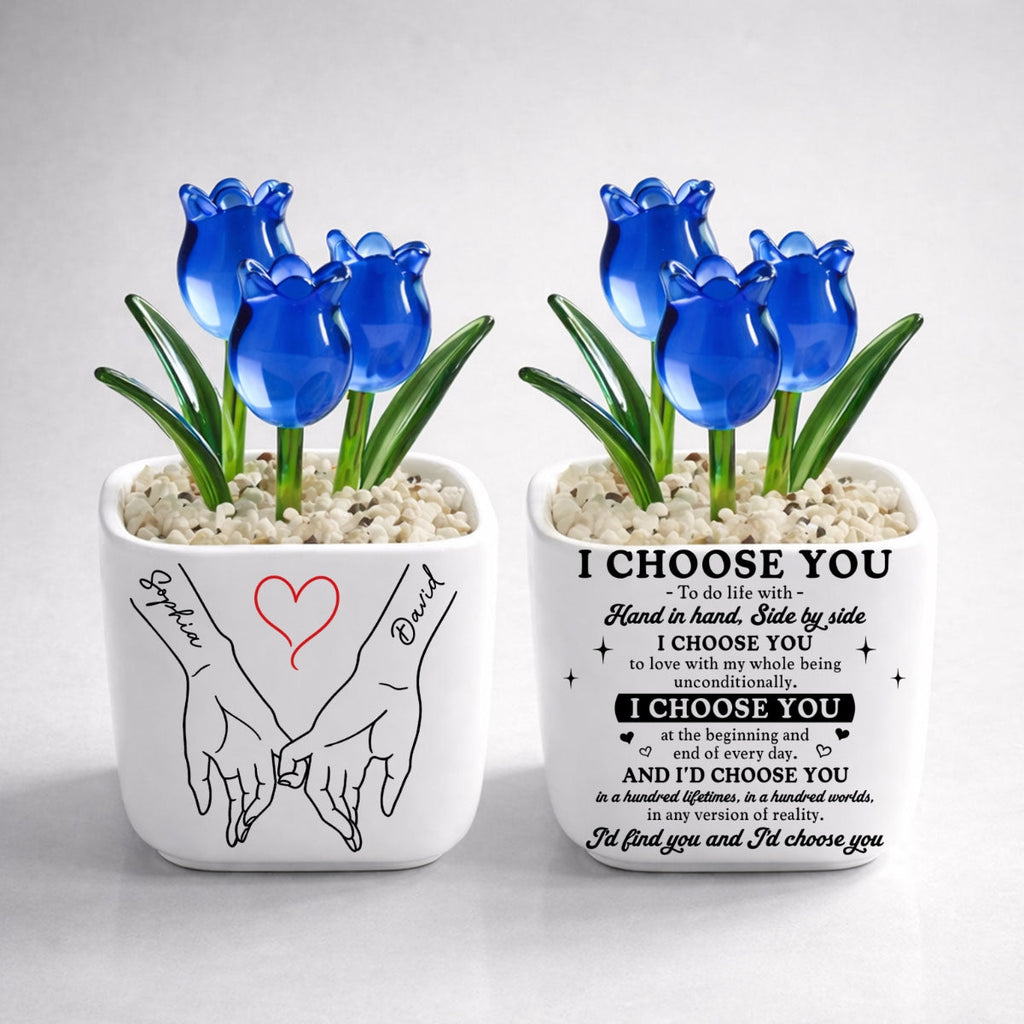 Custom Glass Flower Keepsake, Romantic Anniversary Gift for Wife • I Choose You - Personalized Glass Everlasting Tulips