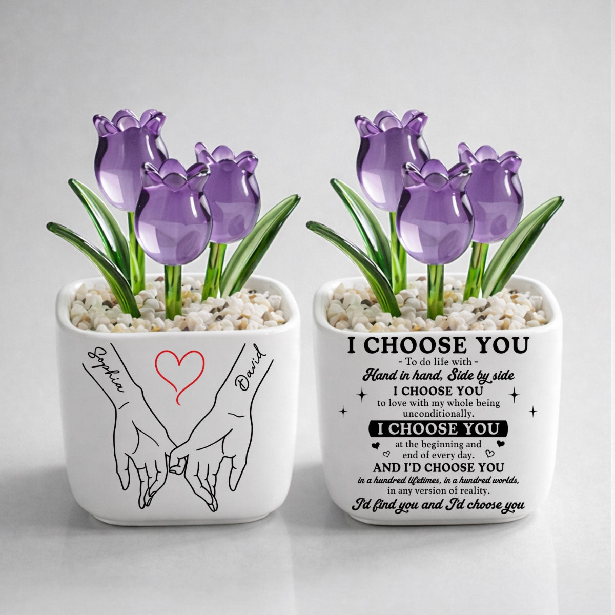 Custom Glass Flower Keepsake, Romantic Anniversary Gift for Wife • I Choose You - Personalized Glass Everlasting Tulips