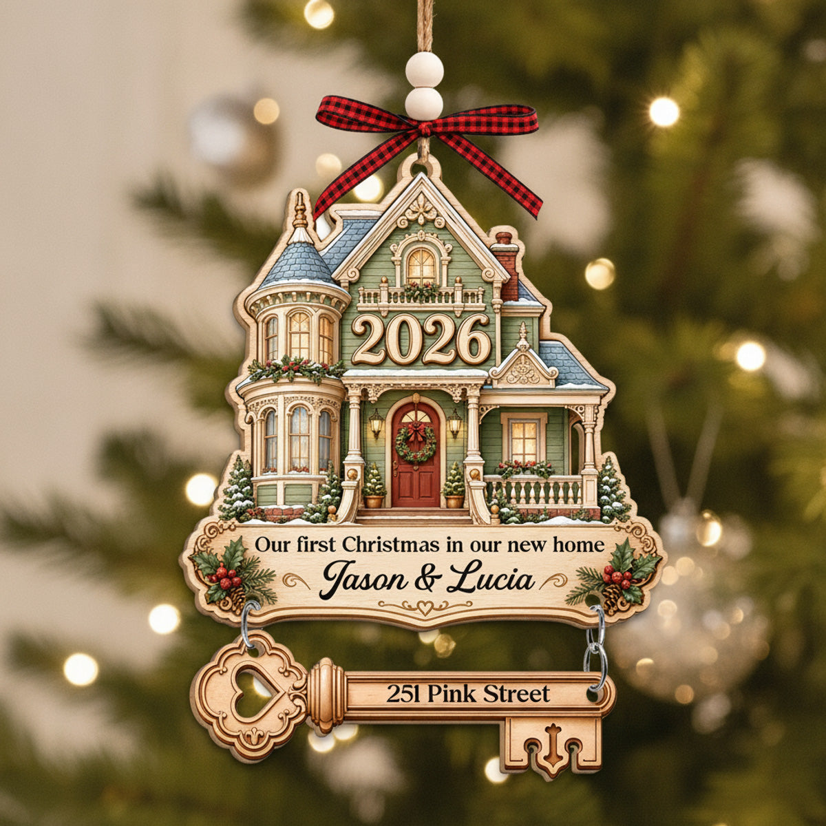 Custom Keepsake Christmas Ornament •  Christmas In Our New Home - Personalized Wooden Ornament With Tag