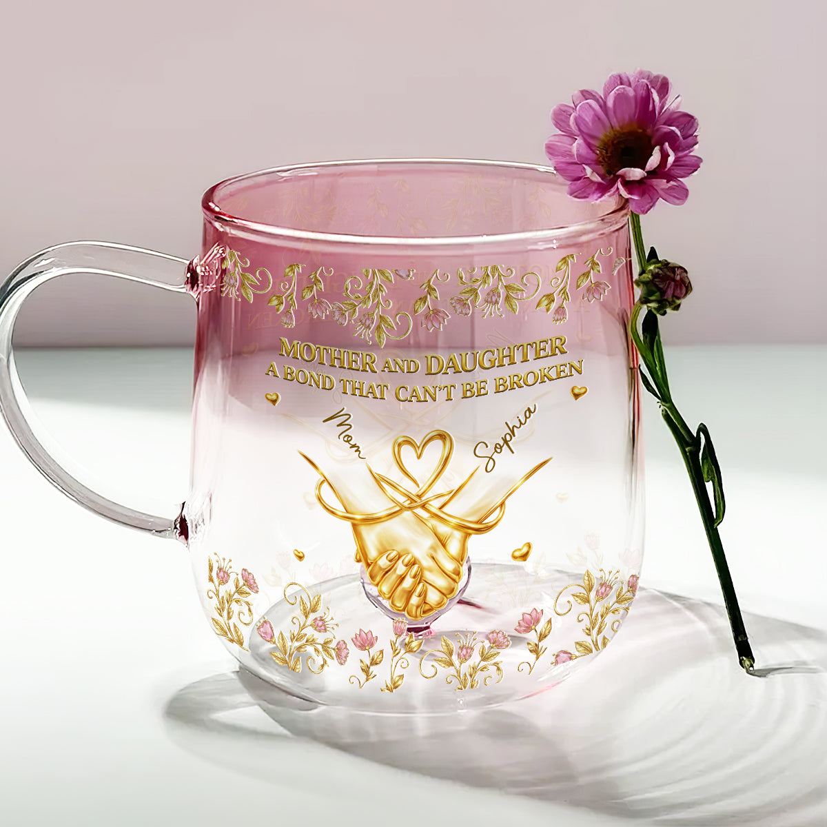 Custom Mother's Day Gift for Daughter • A Bond Between Mom And Daughter - Personalized Pink Gradient Glass Mug