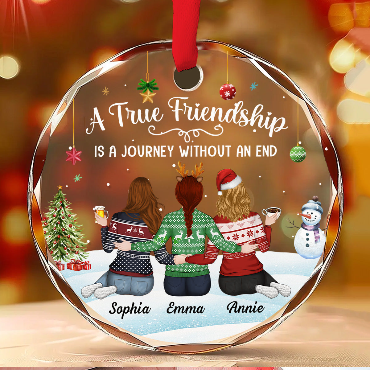 Custom Friendship Christmas Ornament, Best Friend Gift •  A Journey Without An End - Personalized Glass Ornament