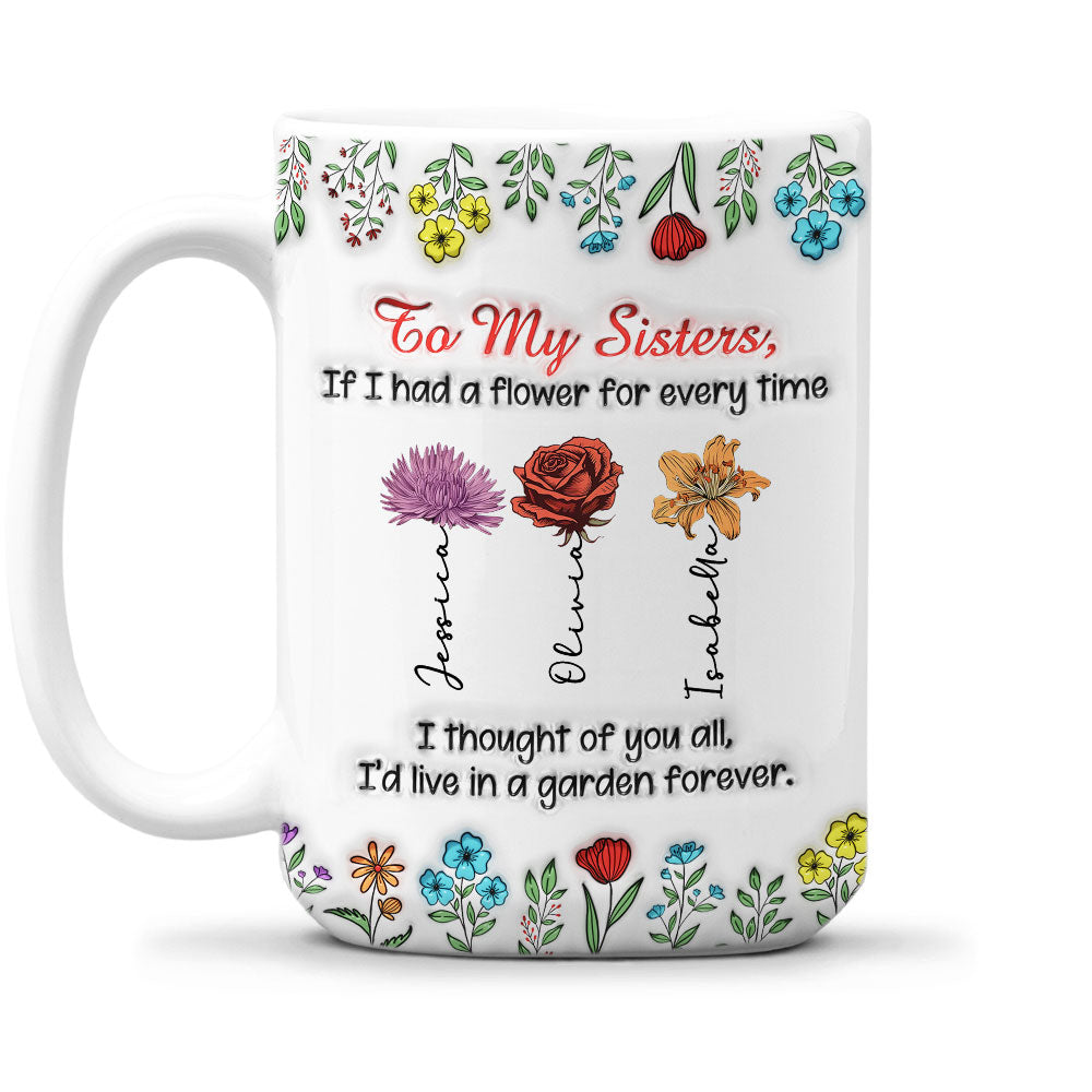 Custom Name & Birth Flower Birthday, Christmas Gift for Sister • My Garden Grows With Sisters - Personalized 3D Inflated Effect Mug