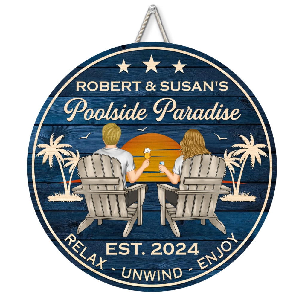 Custom Couple Campground Sign, Campsite Outdoor Wall Decor • Poolside Paradise - Personalized Wood Sign