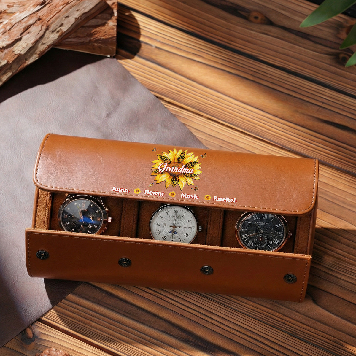 Where Grandma Sunflower Blooms - Personalized Leather Watch Case