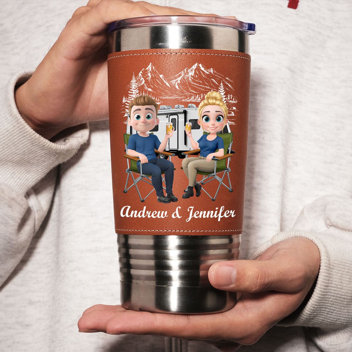 Custom Christmas Anniversary Gifts For Couple • Camp Fire - Personalized Leather Tumbler