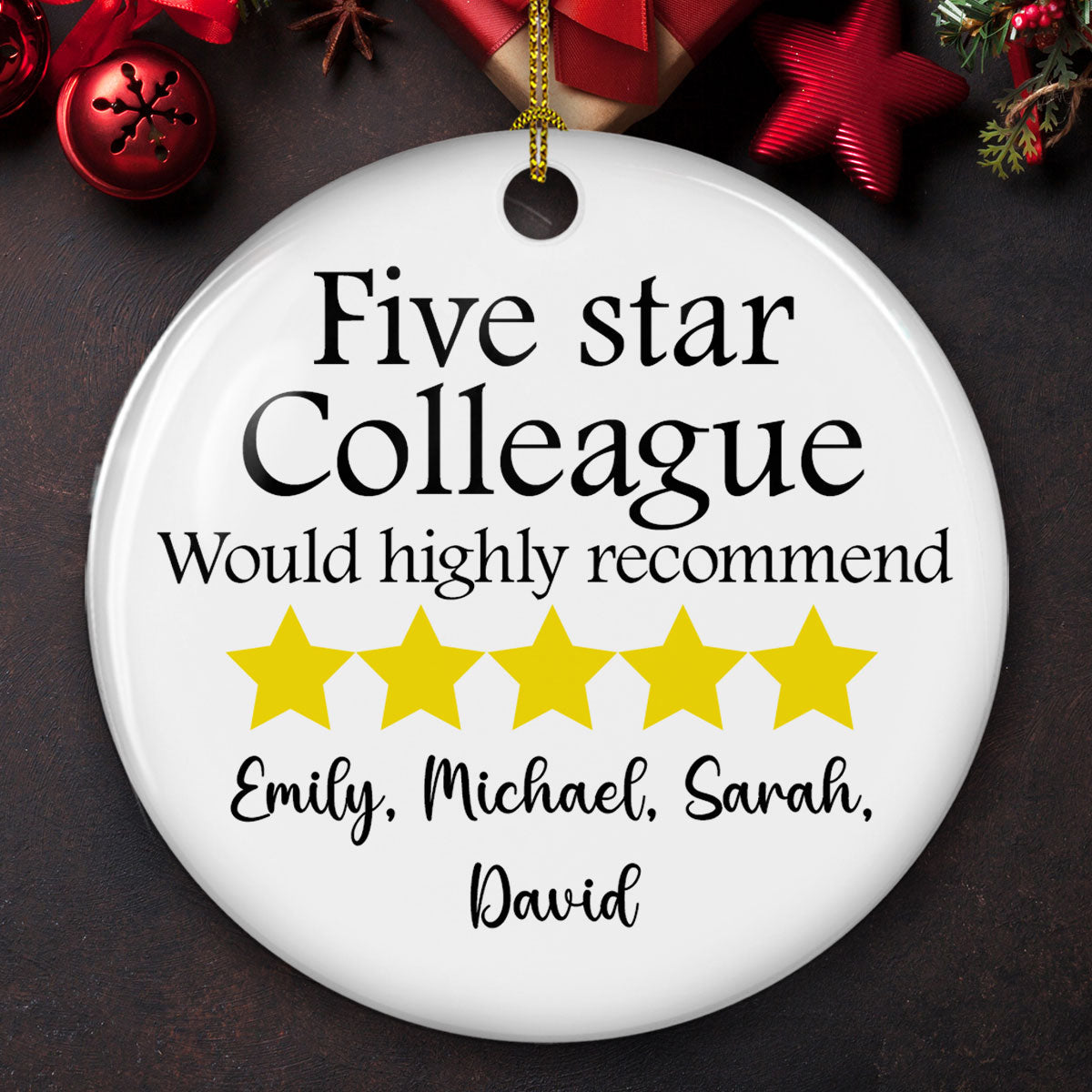 Custom Coworker Christmas Ornament, Team Appreciation Gift •  Five Star Colleague - Personalized Ceramic Ornament