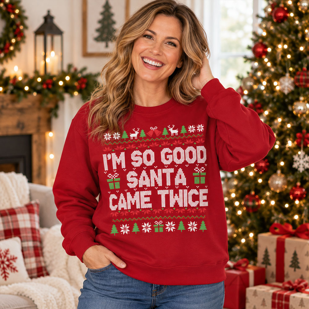 Custom Couple Christmas Sweatshirt, Anniversary Gift • Santa Came Twice - Personalized All-Over-Print Sweatshirt