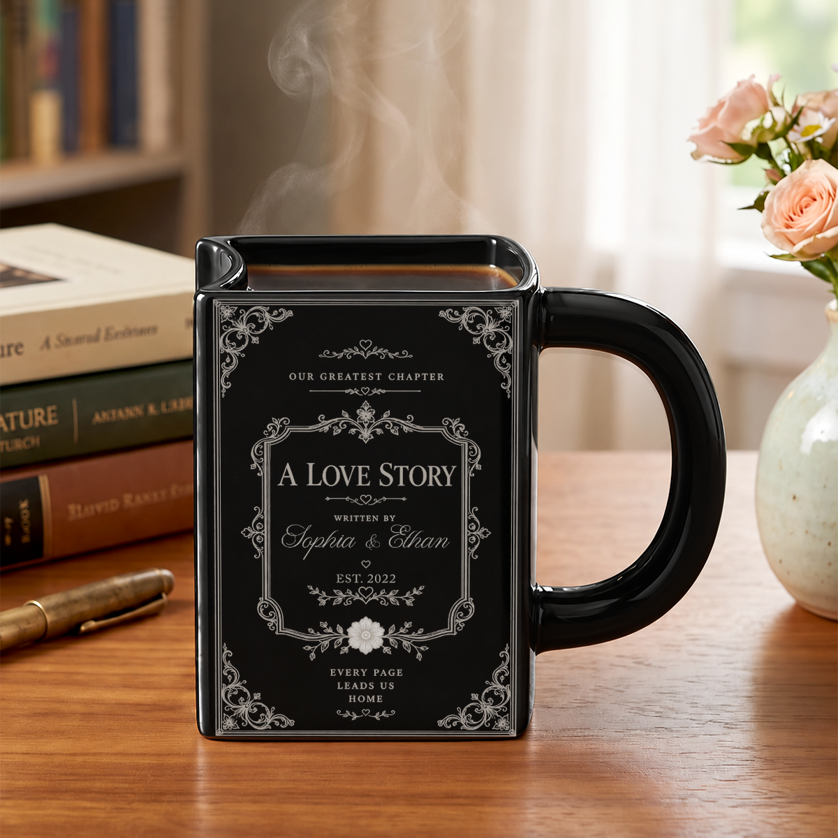 Custom Bookish Drinkware, Christmas Birthday Gift For Book Lovers • Custom Book Lover Drinkware, Romantic Gift For Couples • Together Is Our Favorite Chapter - Personalized Book Shaped Mug