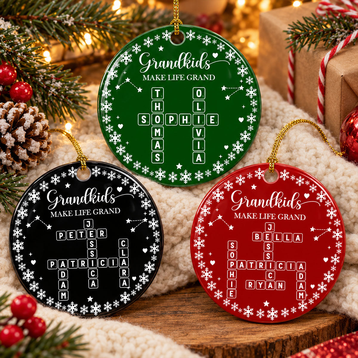 Custom Family Ornament, Christmas Gift for Family Members •  Life Is Grand With Grandkids - Personalized Ceramic Ornament