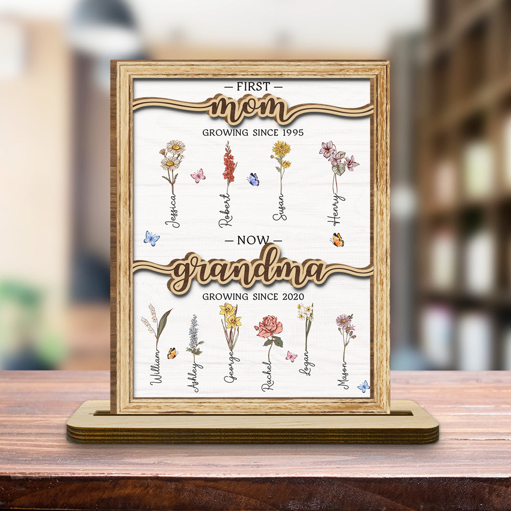 Custom Family Decor, Christmas Birthday Family Keepsake • First Mom Now Grandma - Personalized 2-Layer Wood Plaque With Flat Base