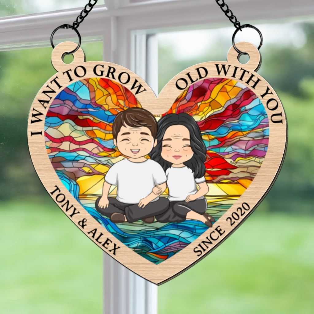 Custom Couple Hanging Decor, Anniversary Valentine's Day Gifts • Grow Old With You - Personalized Suncatcher